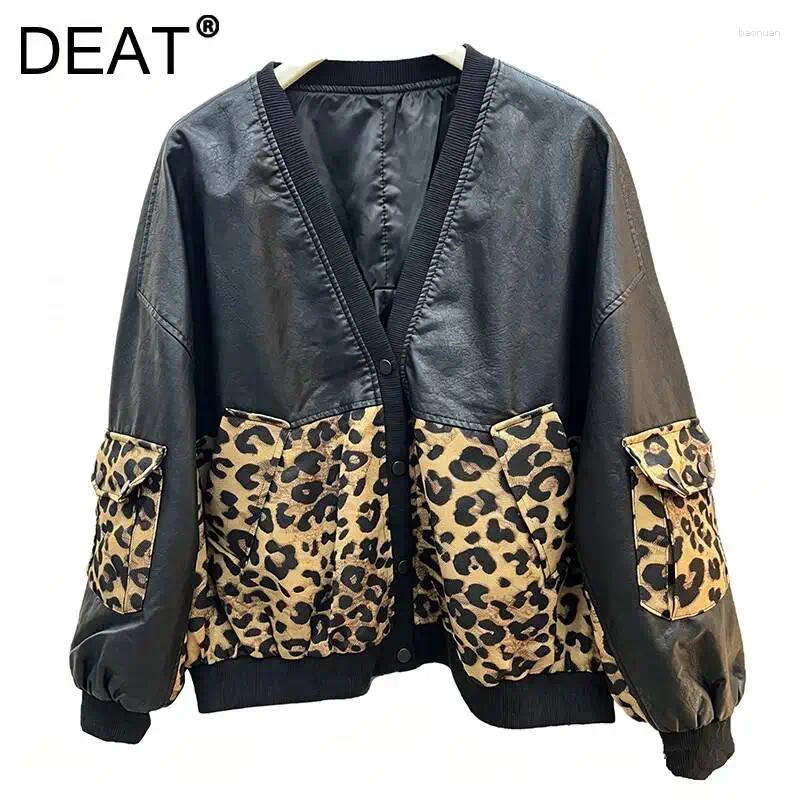 Women's Leather DEAT 2026 Autumn Style Leopard Print Patchwork PU Jacket For Women Streetwear V neck Single Breasted Coat 29A8814 2d