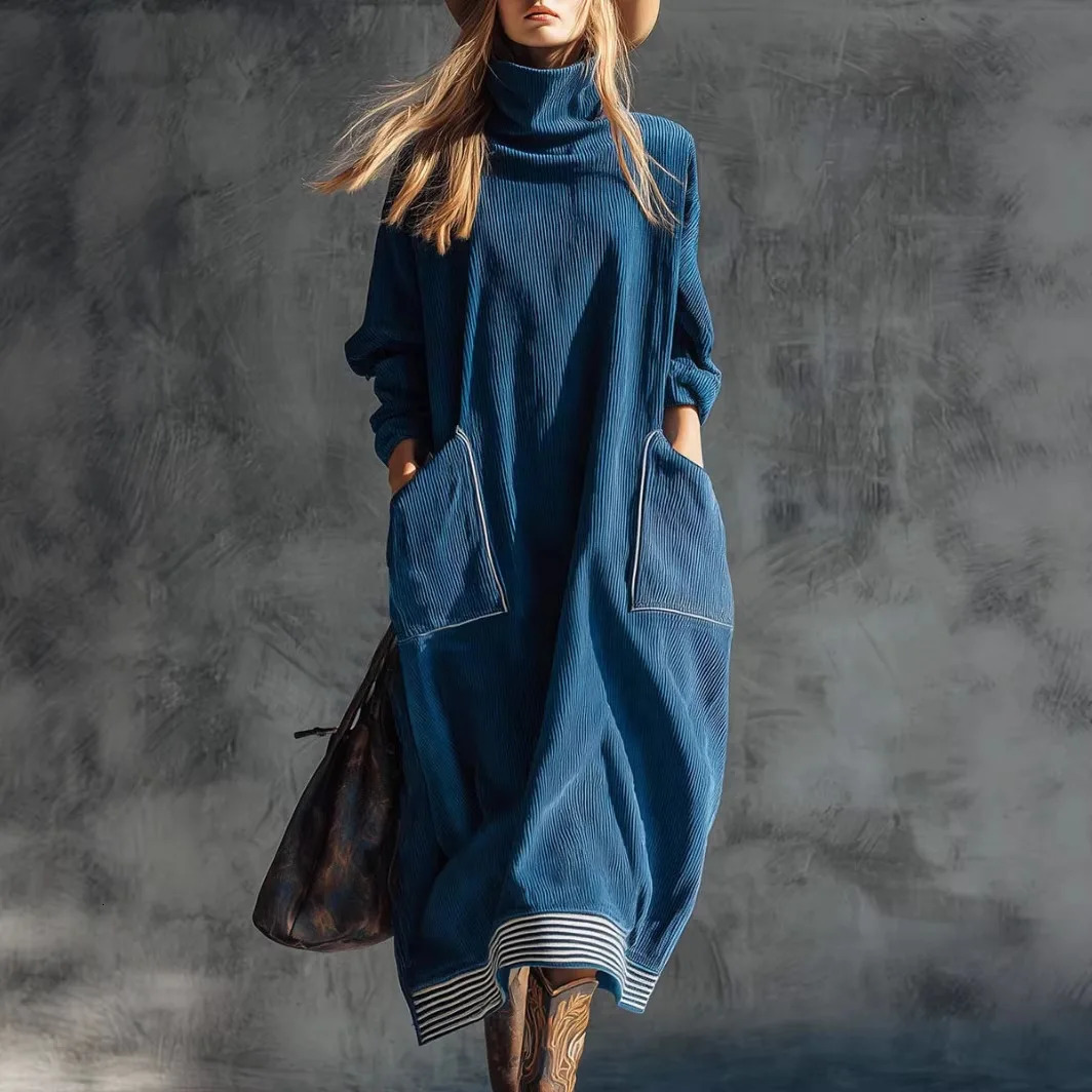 Women Blue Ribbed Knit Midi Dress Turtleneck Long Sleeve Loose Fit Big Pockets Striped Hem Vintage Casual Travel Holiday 260730BJ