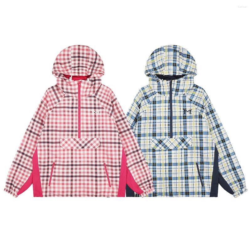 Men's Jackets Windbreaker Front Pocket Pacthwork Half Zipper Hooded Jacket For Men And Women Pullover Embroidery Plaid Coat Oversized 56