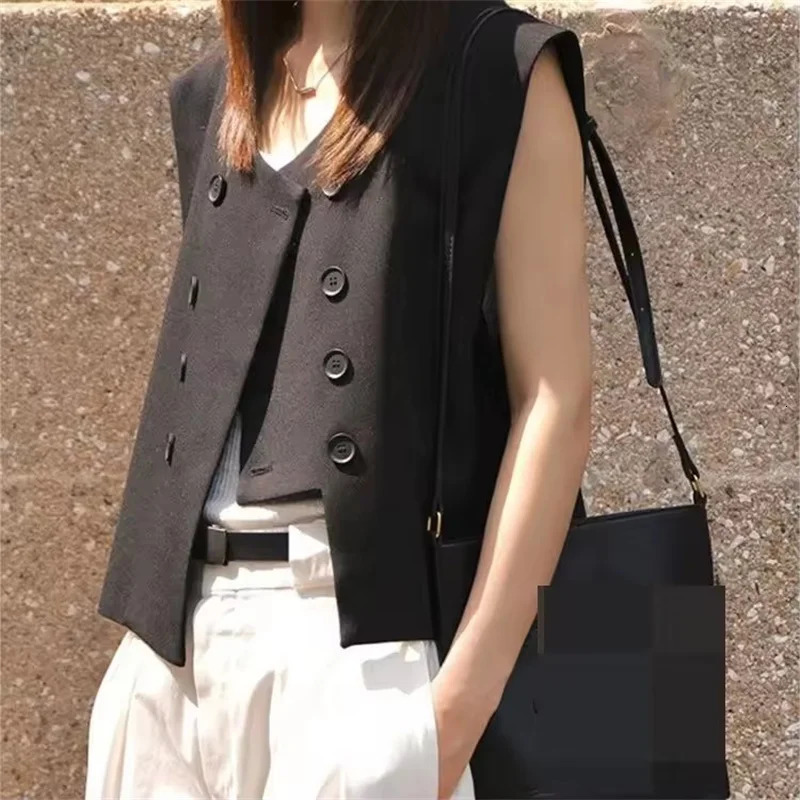 Black Suit Vest Jacket Women Irregular Top Spring Summer Double Breasted Casual Thin Shoulder Waistcoat Female Clothes 260728