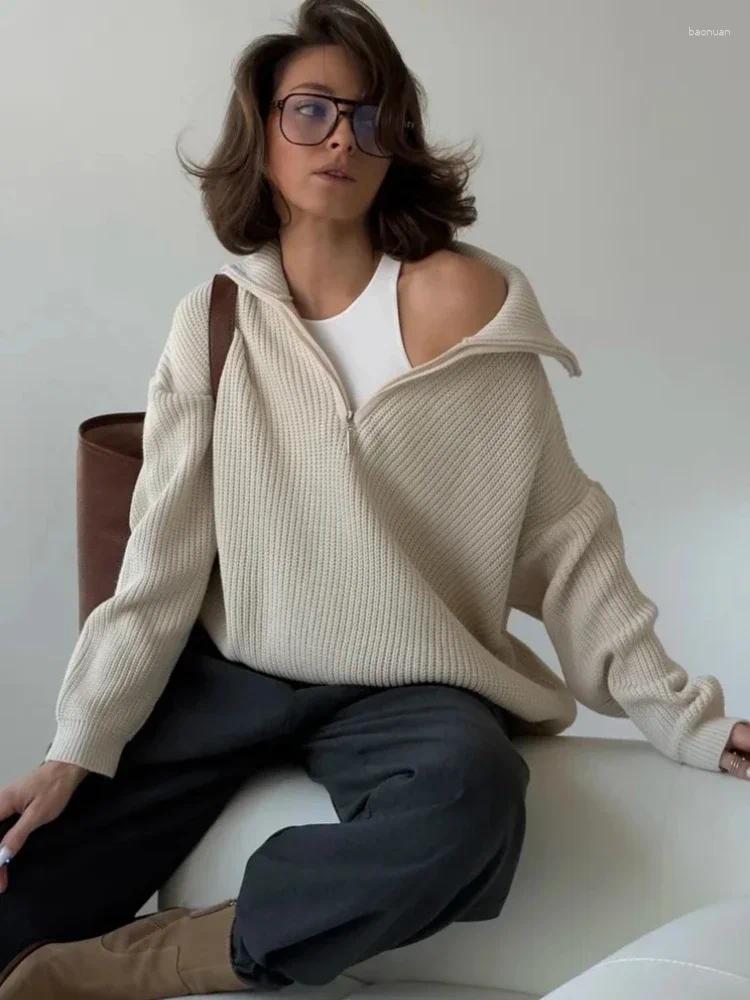 Women's Sweaters 2026 Autumn Zipper Pullover Loose Casual Lapel Sweater Women Solid Color Simple Fashion Classic Warm Mujer 0f