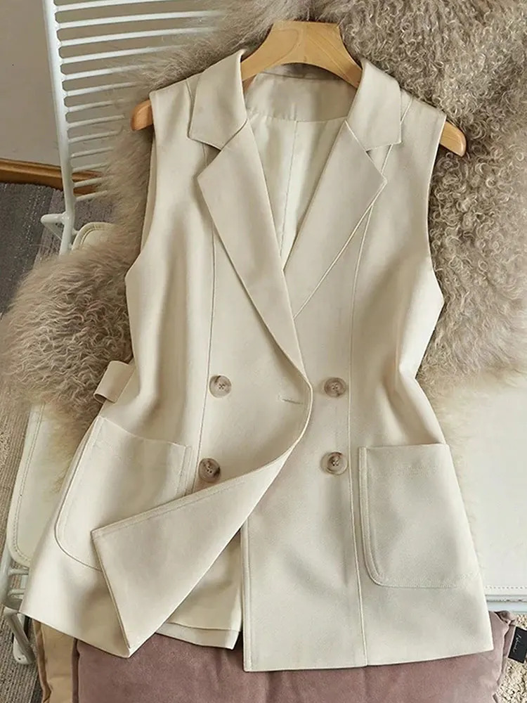 Fashion Double Breasted Suit Vest Women Clothes With Pocket Back Belt Slim Elegant Tops Coat Formal Occasion Sleeveless Jackets 260728