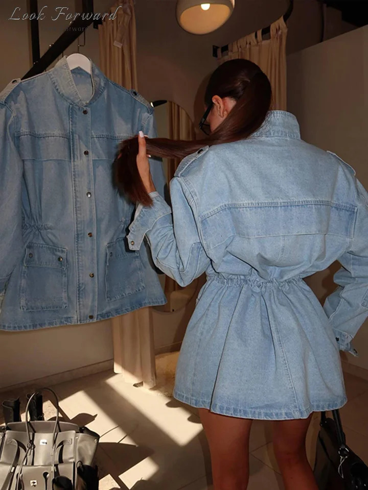 Fashion Stand Collar Denim Jackets 2026 Autumn Ladies Casual Single Breasted Waist-cinching Full Sleeve Coat Womens Outwear 260729BJ