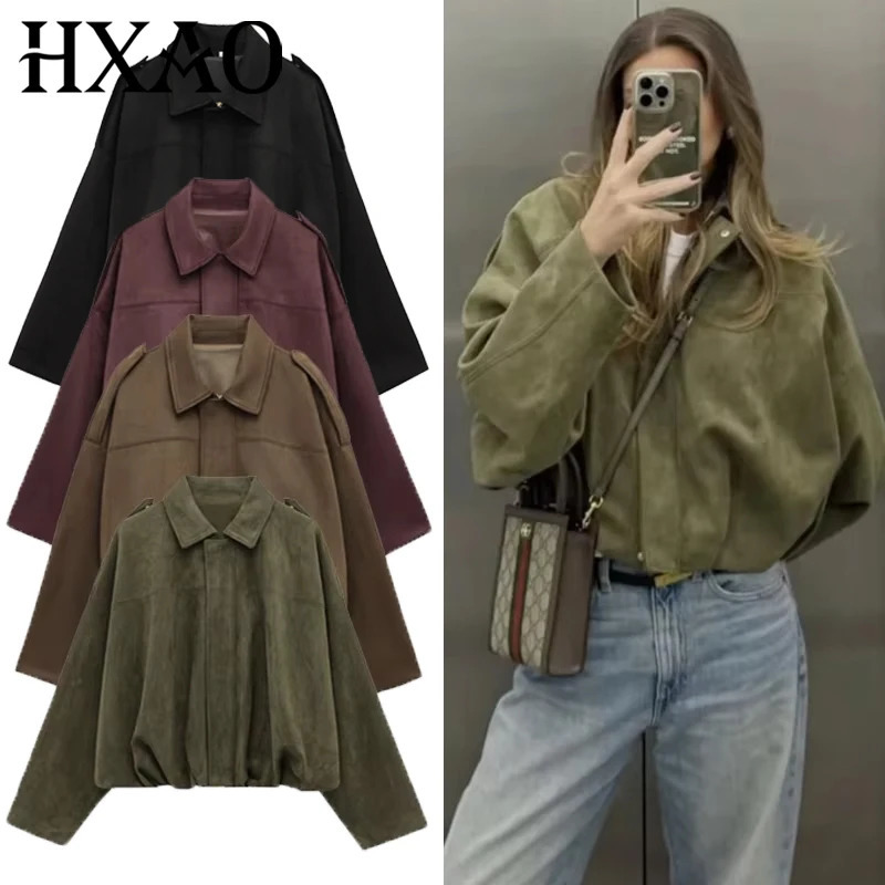 HXAO Womens Bomber Jacket Lapel Long Sleeve Zipper Suede Jacket Women High Street Cropped Racing Jackets Coats Outerwears 260728BJ
