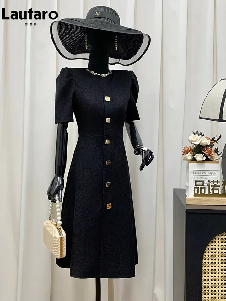 Lautaro Spring Summer Elegant Black Fitted Dresses for Women V Neck with Puff Short Sleeve Buttns Chic y ner Clothes 260728