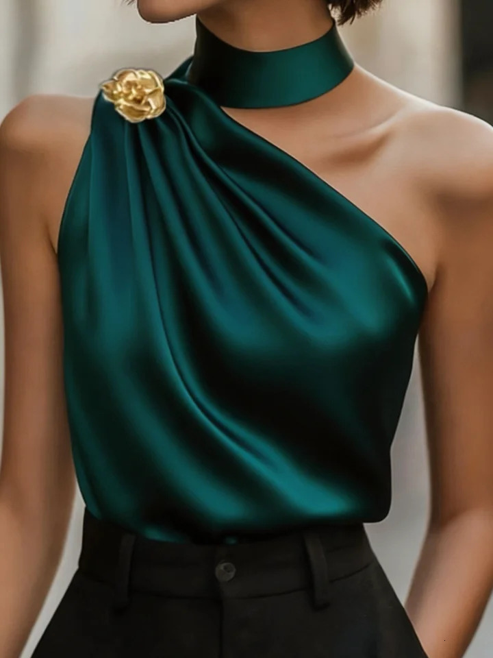 Chic Halter One Shoulder Satin Draped Dark Green Blouse Sleeveless Top For Party Office Women 260731BJ