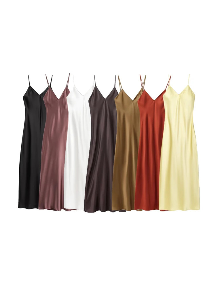 Womens Satin Midi Dress V Neck Thin Straps Backless Female Dresses Sexy Fashion 260728