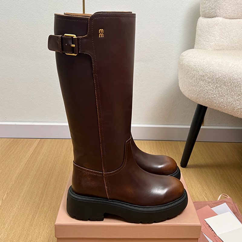 Womens Leather Boots Designers Vintage Brown Leather Chunky Heel Knee High Boots 5W767E Luxury Adjustable Metal Buckle Strap Motorcycle Boots Rubber