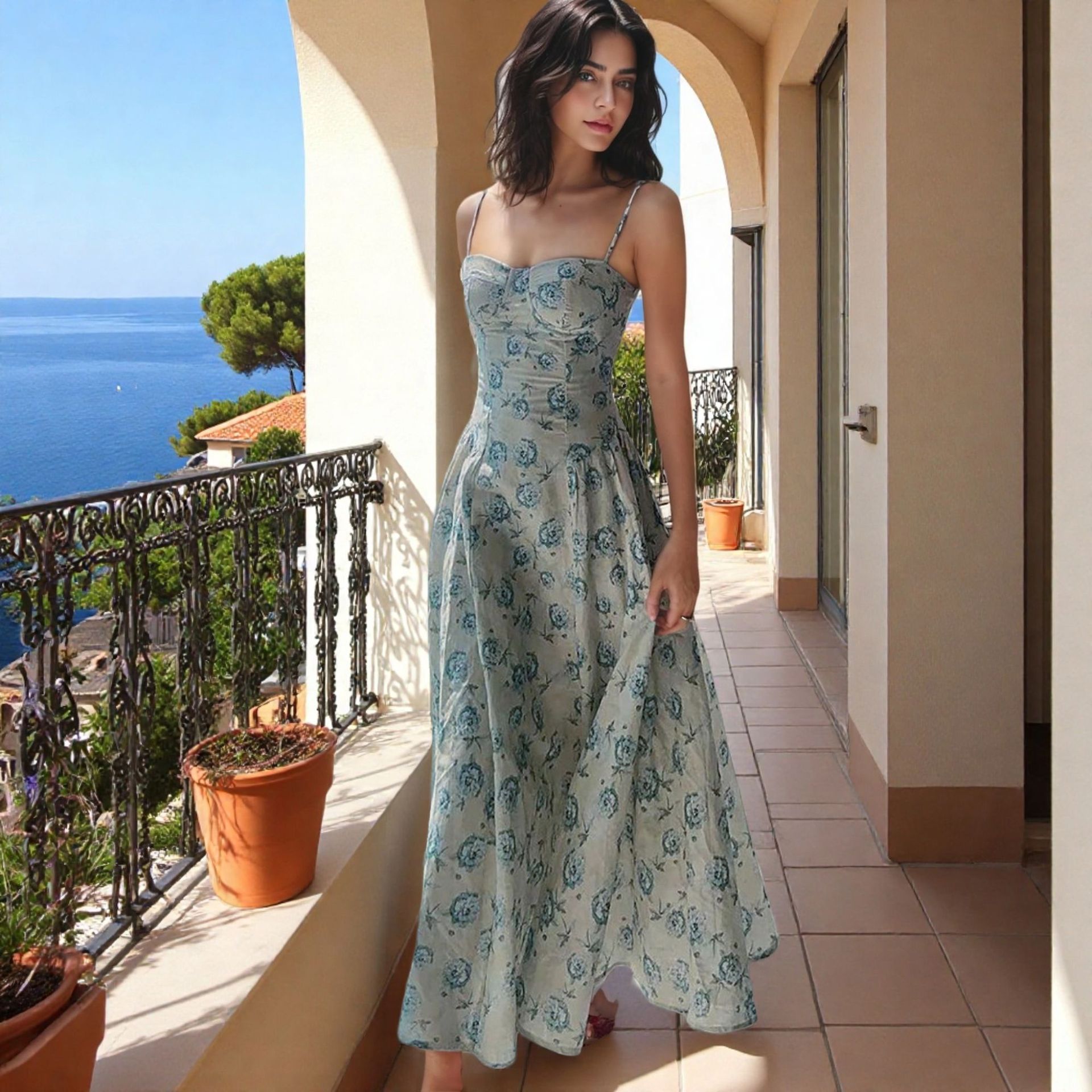 Robe de princesse d'été douce et ajustée de style européen et américain avec imprimé floral, prête à être expédiée.