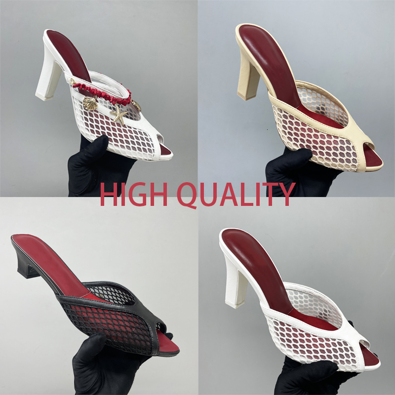 Designers Mesh Mules Women Sandals Glass Heels Slipper Summer Peep Toe Slides Soft Leather Trim Office Daily Dating Luxury Footwear High Quality Hig