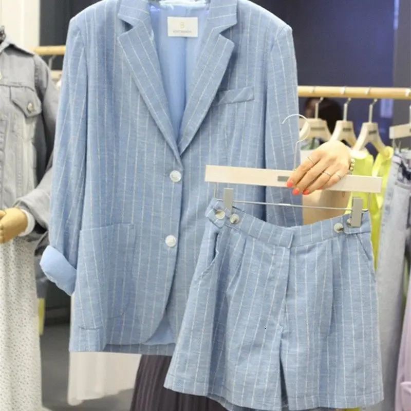 Spring Summer Korean Striped Thin Cotton Linen Suits Jackets Women Clothing ShortsBlazer Two-piece Sets Female 260727BJ