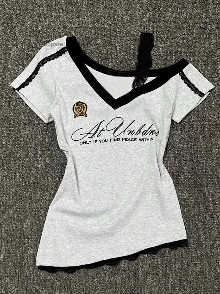 White-Gray Lace Sport Sexy Summer Off shoulder Top Women Y2k V neck Short sleeve T shirt Fashion Korean Lady Basic Tees 260522