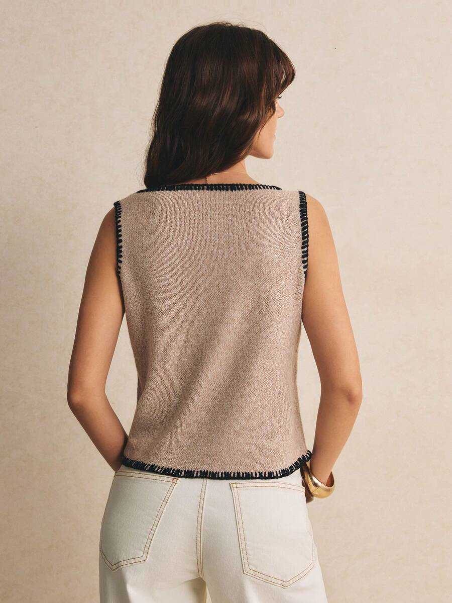 Womens Contrast Trim Casual Versatile Poselle Daily Outing Knit TopBeige Knit Sleeveless Top With Black Trim Minimalist Elegant Summer Blou M260805