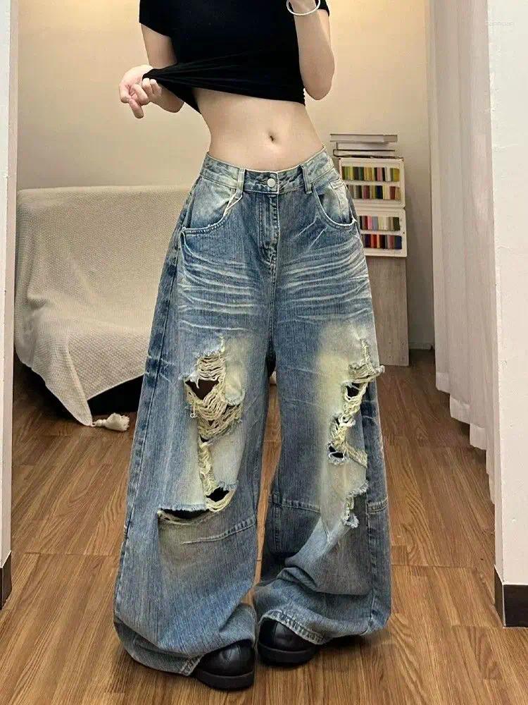 Jeans da donna Y2K Pantaloni in denim larghi strappati strappati distrutti Pantaloni street style americani vintage lavati in difficoltà 24