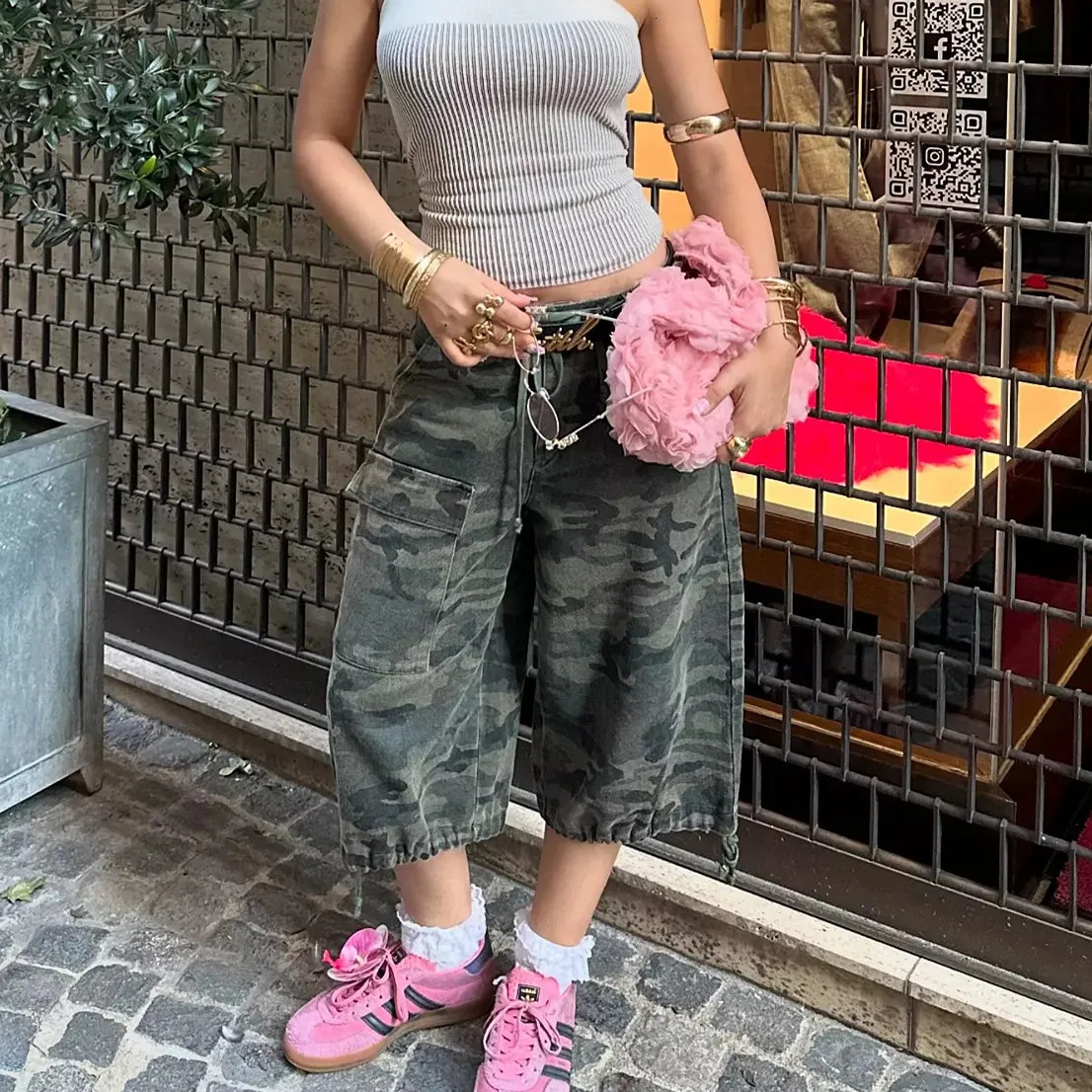 Women Retro Cargo Denim Shorts Vintage Camouflage Print Loose Drawstring Short Pants Y2k Aesthetic Cyber Grunge Streetwear a260729BJ