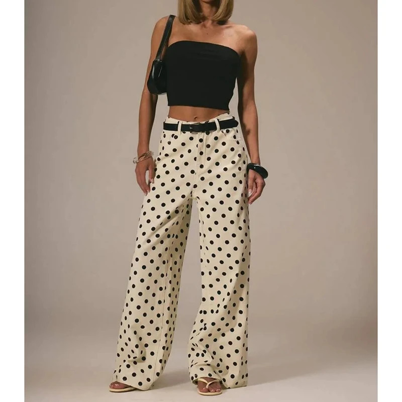 Vintage Polka Dot Jeans for Women Button High Rise Cute Y2k Baggy Straight Wide Leg Boyfriend Denim Long Pants Streetwear 260729BJ