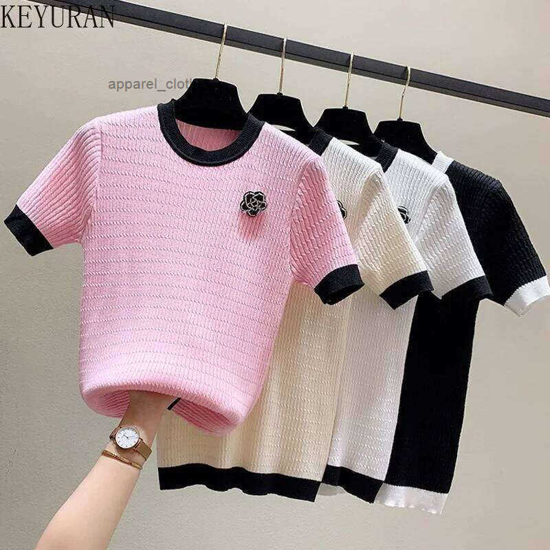 Beading Flower Thin Short Sleeve Sweater Women Knitted T-Shirt Korean O-Neck Office Lady Elegant Black White Pullover Jumper Top