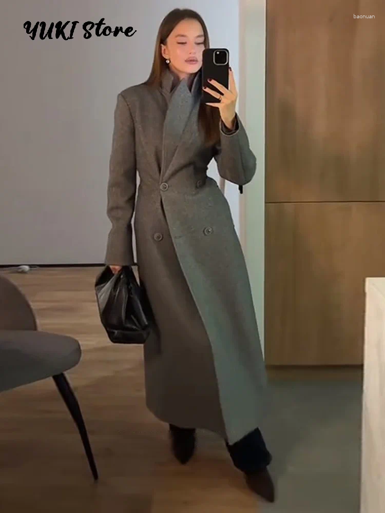 Women's Wool Fashion Gray Slim Waist Woolen Long Coats Women Stand Collar Full Sleeve Double Breasted Overcoats 2026 Autumn Winter Outwear 6d