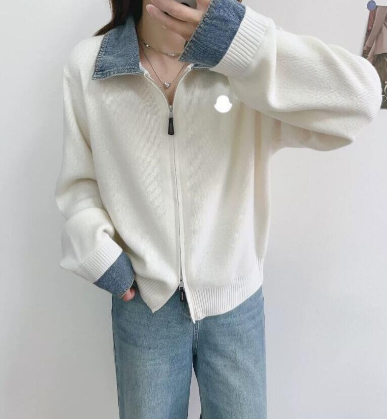 Designer white color Sweater Women's luxury designer long sleeves knitted sweater loose fit double-head zipper lapel neck woolen denim collar j