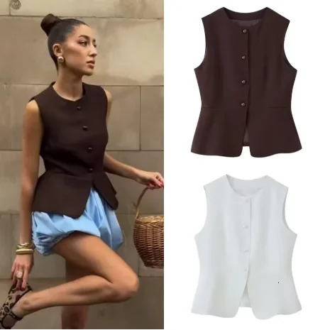 Elegant Solid Suit Waistcoat Women Round Neck Front Button Sleeveless Slim Office Casual Layering Blazer Vest 260701 260728
