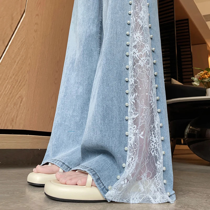 High Waist Women Jeans Summer Thin Fashion Loose Hollow Out Wide Leg Pearl Lace Rayon Denim Pants 260729BJ
