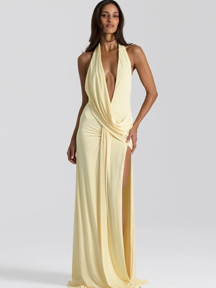 Mozision Halter Deep V Neck Backless Sexy Maxi Dress Women Gown Fashion Irregular Sleeveless Thigh High Split Club Party Dresses 260728