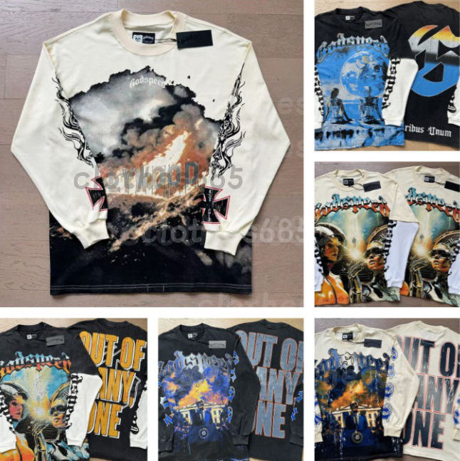 Fashion Designer High Quality Cotton Long Sleeve Tee Godspaed Yellow Letter Female Robot Full Print Vintage Washed Black Loose Fit Street Shirts