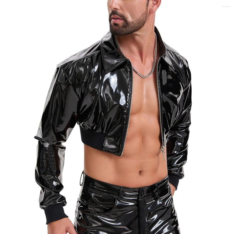 Men's Jackets Glossy Patent Leather Crop Top With Turn down Collar And Zipper Long Sleeve Gothic Punk Clubwear Jacket Plus Size 7XL f6