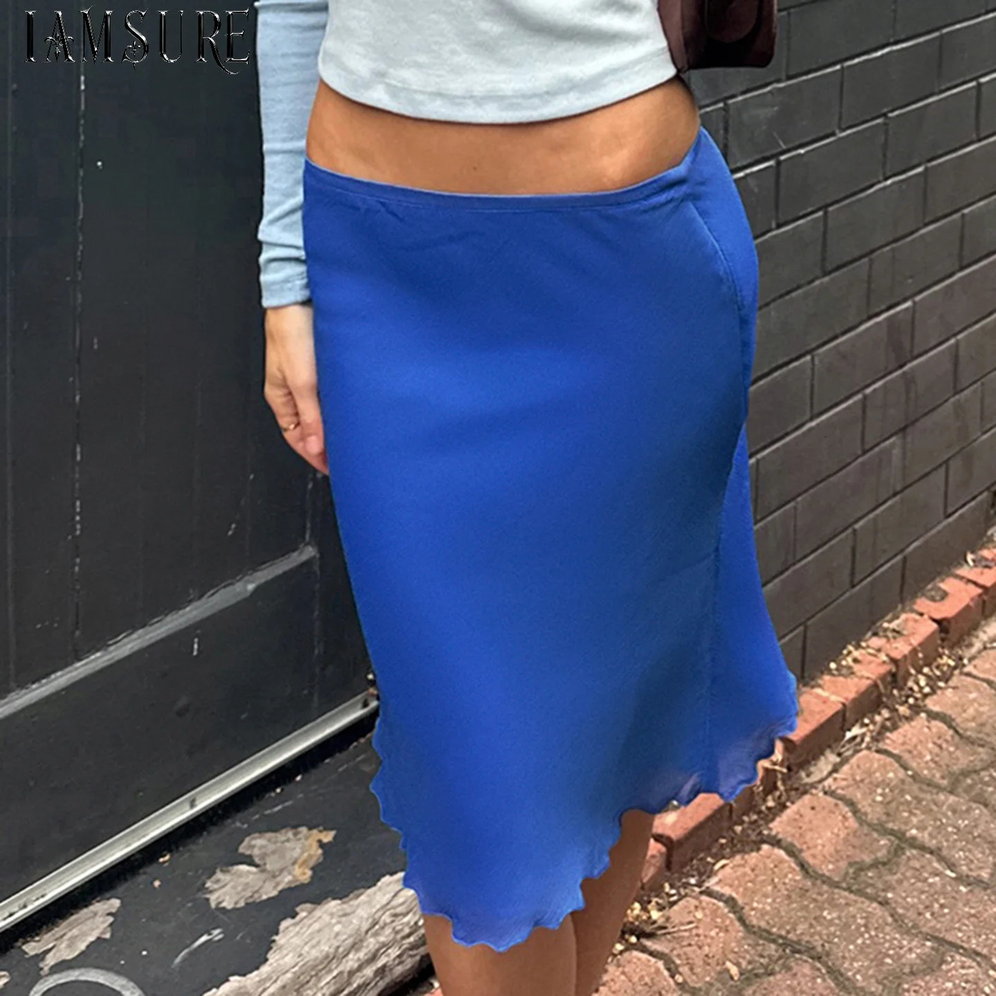Womens Solid Color Low Waist Bodycon Midi Mesh Skirt Stretch Slim Fit Pencil Skirts Streetwear Fashionable Trendy Bottoms 2026 260731BJ