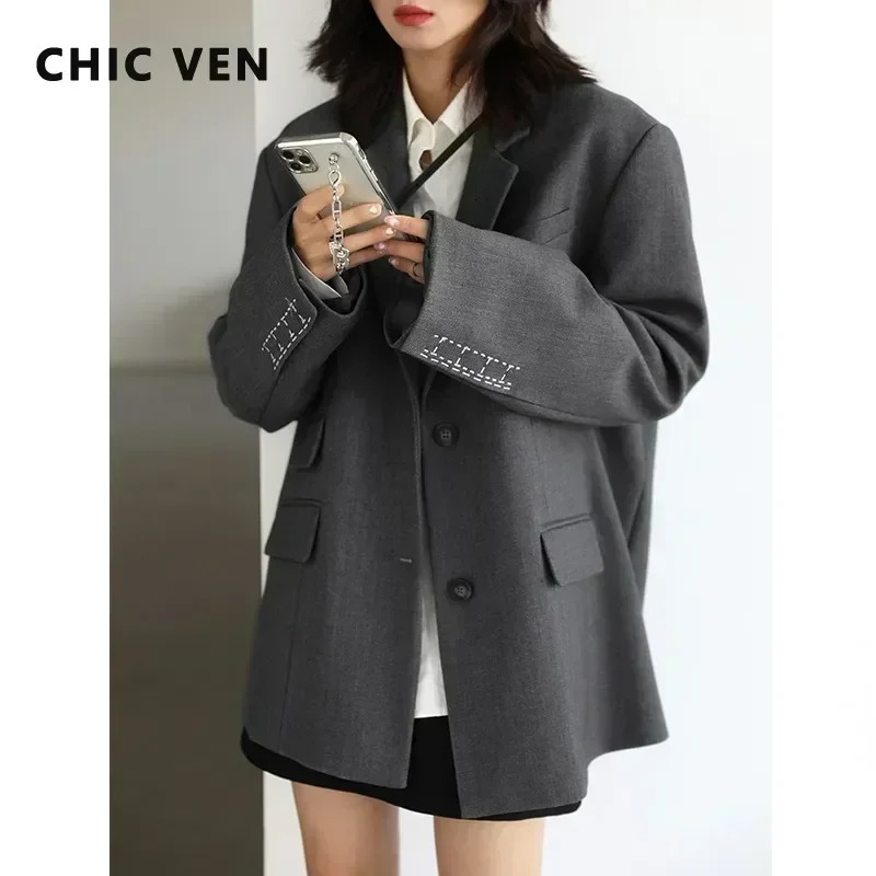 CHICVEN Women Office Lady Blazer Cuff Embroidery Wide Shoulder Twill Suit Womens Autumn Ladies Outerwear Stylish Tops 260728BJ