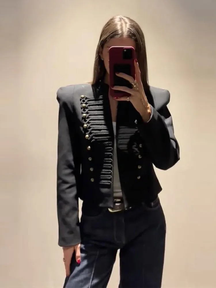 Frog Button Napoleon Short Jacket For Women 2026 Spring Stand Collar Cropped Coats Fashion Long Sleeve Street Outerwear 260728BJ