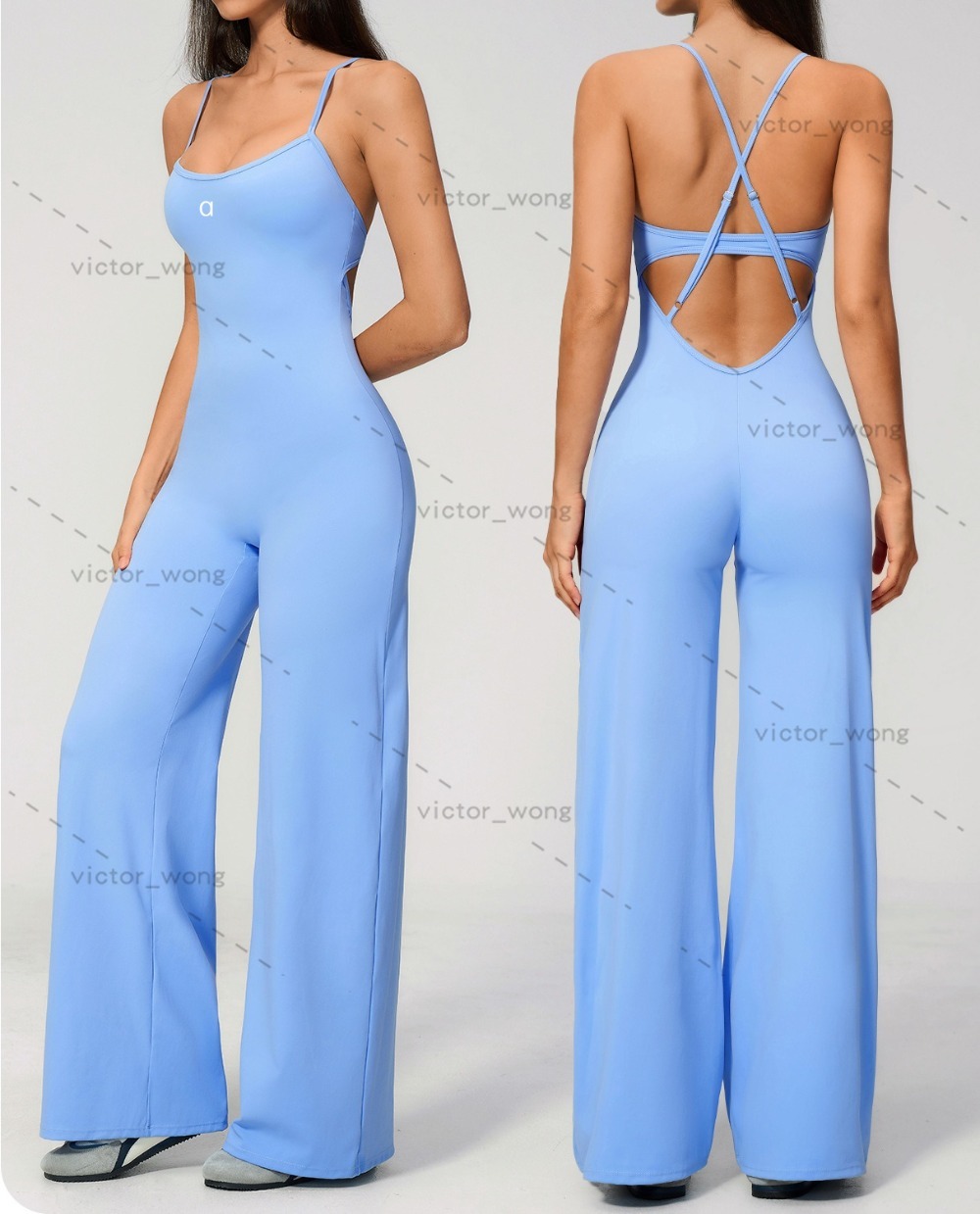 A4529 Women Yoga Jumpsuit Spaghetti Strap Back Cross Cutout Wide Leg One-Piece Workout Yoga Bodysuit