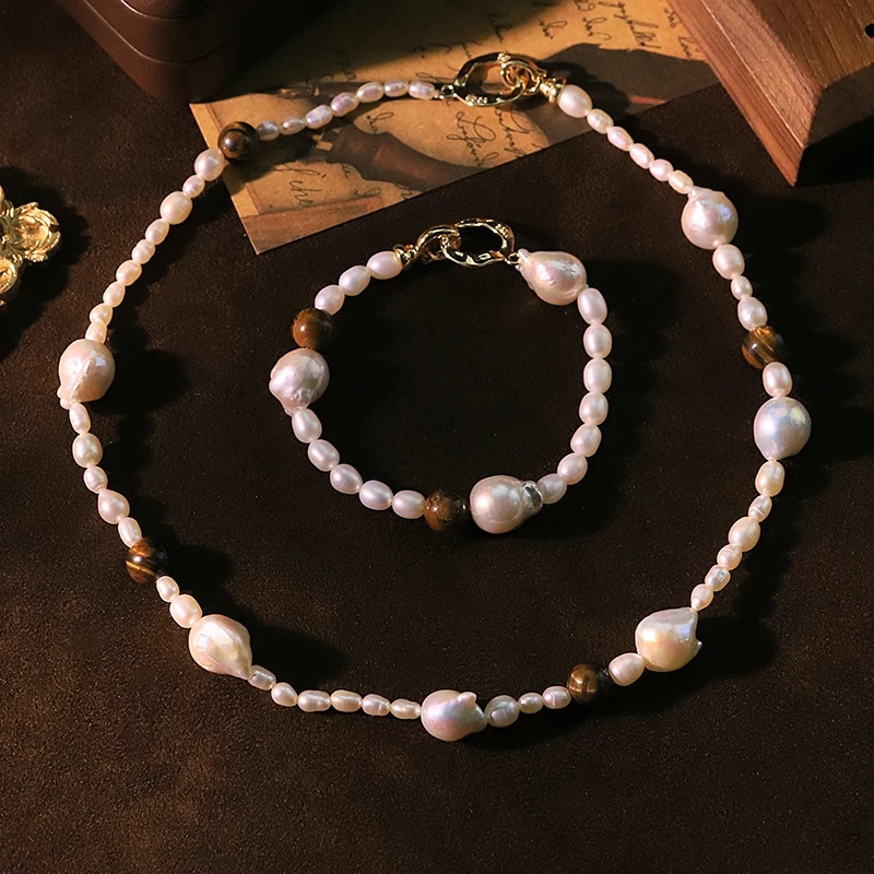 Natural Pearl Round Tiger Eye Stone Necklace and Bracelet Set Vintage Handmade Beads Jewelry Set for Women Wedding Gifts GS0234 260729BJ