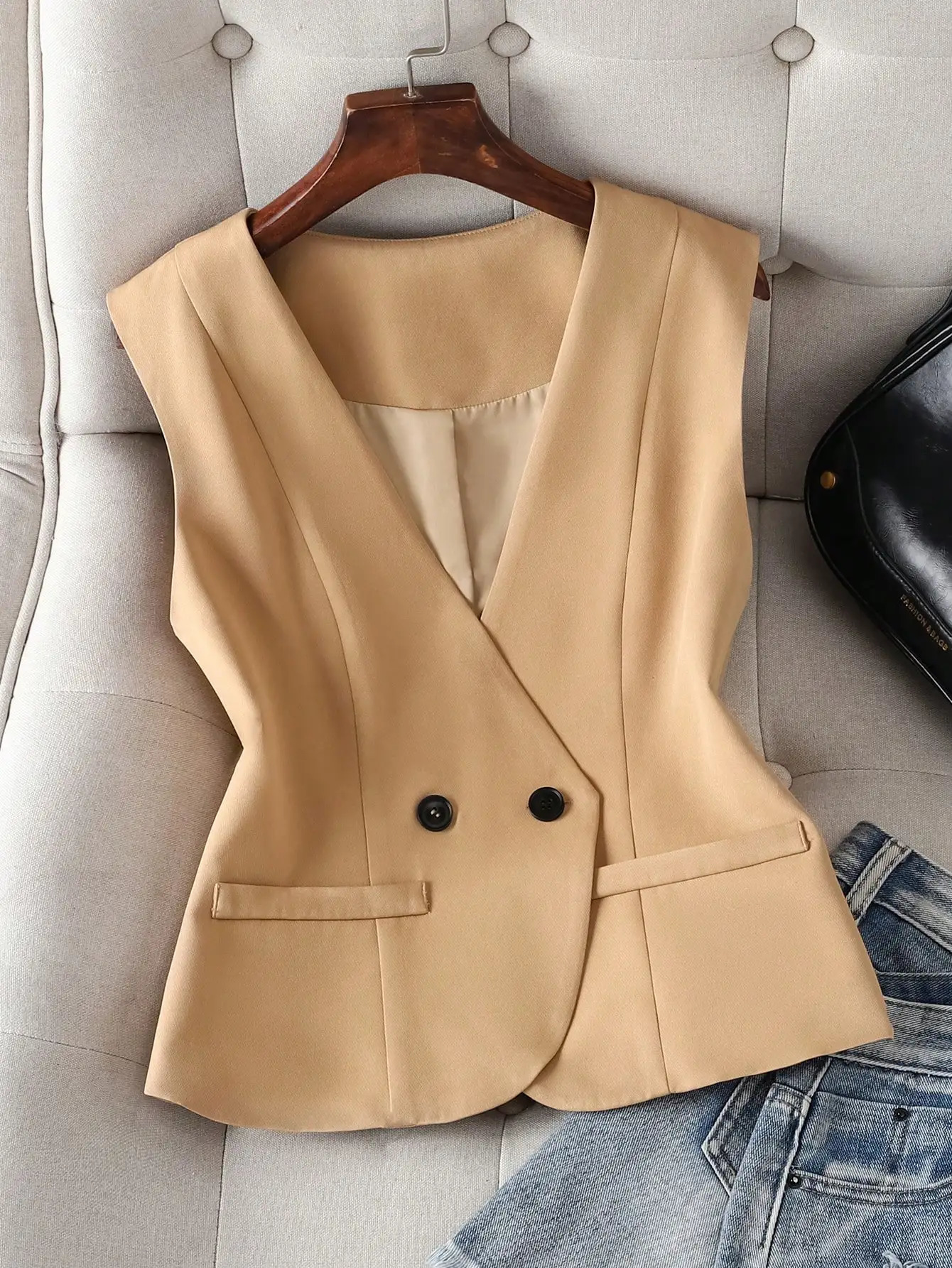 Womens Sleeveless Double Breasted Suit Vest Tailored Waistcoat Casual Office Layering Jacket 260728