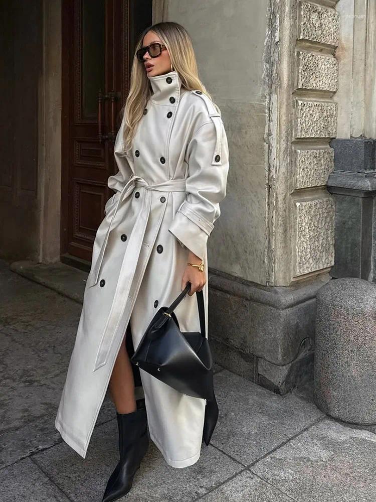 Women's Trench Coats Autumn Beige Lapel Long With Belt Fashion Double Breasted Loose Women Windbreaker Winter Female Overcoat 81