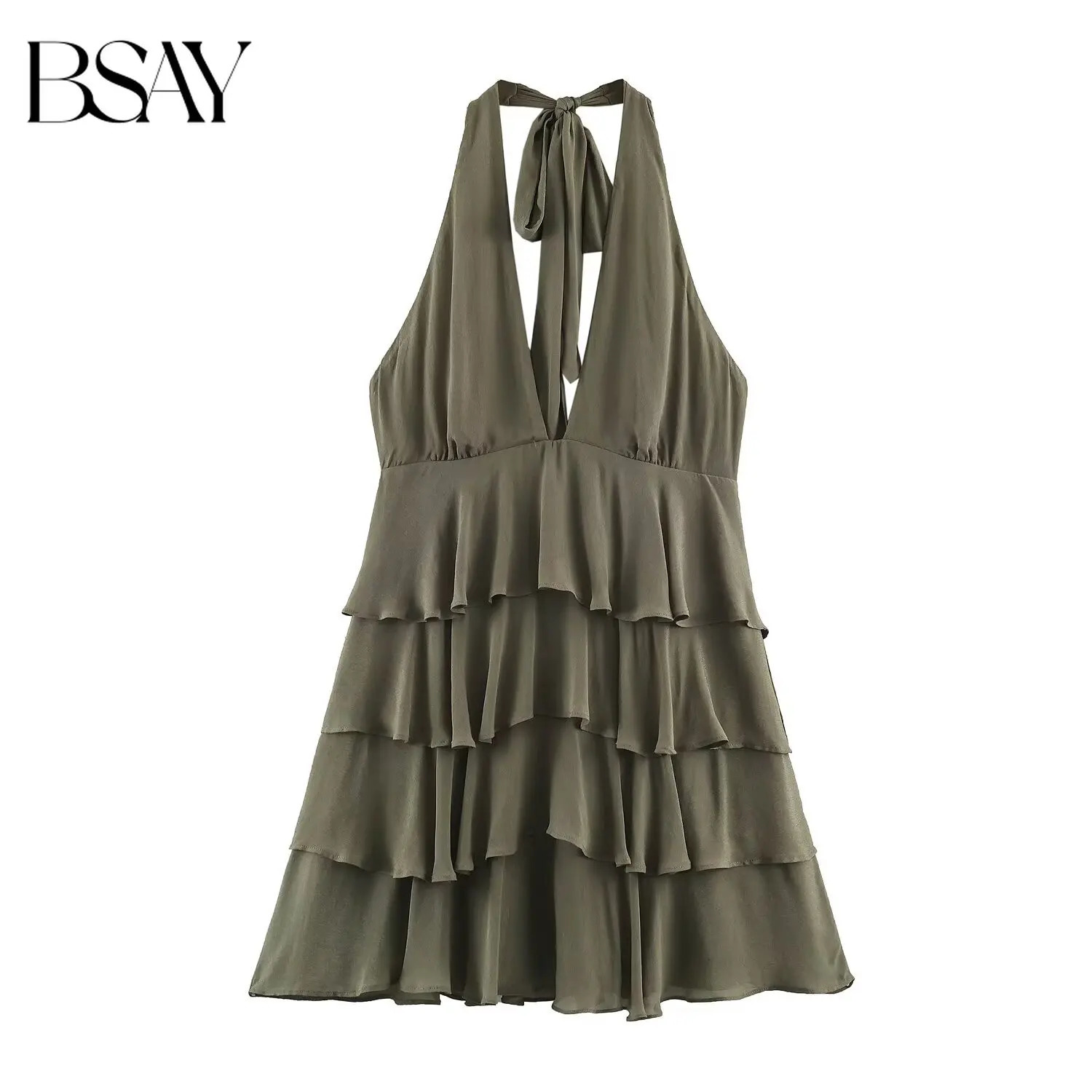 BSAY Summer Women Halter Back Tie Mini Dress Deep V Sleeveless Tiered Ruffle Short Dress Solid Color Elegant Party Dating Dress 260728