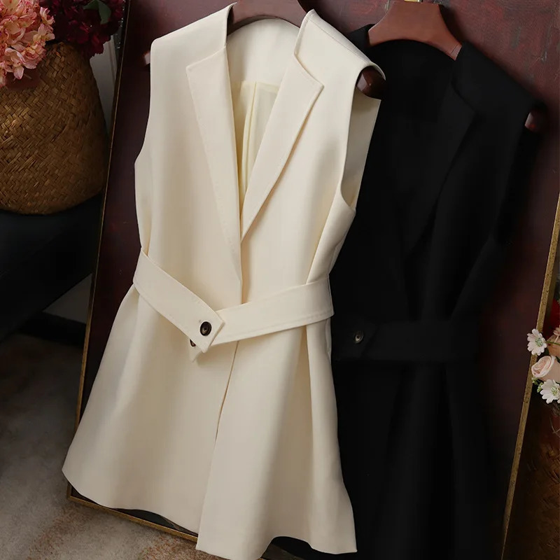 Fashion Womens Blazer Vest Coat Korean Tie A Waistband Sleeveless Tops Spring Autumn Appear Thin Lady Short Jacket 260728