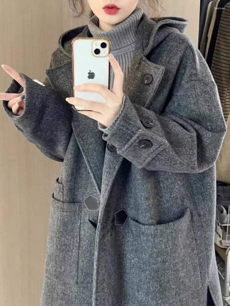 Women's Wool Autumn/Winter Horn Button Woolen Grey Coat High End Hepburn Style Fashion For Women c0