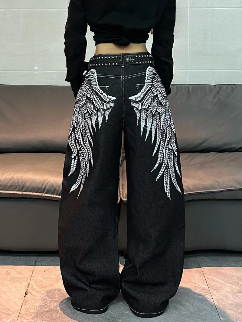 Jeans da donna 1 pezzo American Retro Wing Print Loose Street Trend Pantaloni larghi neri alla moda e versatili per le donne fa