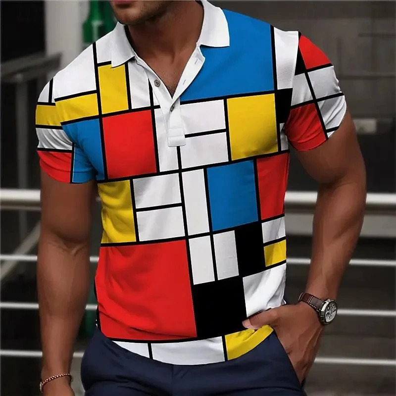 Color Block Patchwork Printed Polo Shirt For Men Summer Casual Short Sleeve Mens Polo T-Shirt Top Oversized Golf Sweatshirt 260729