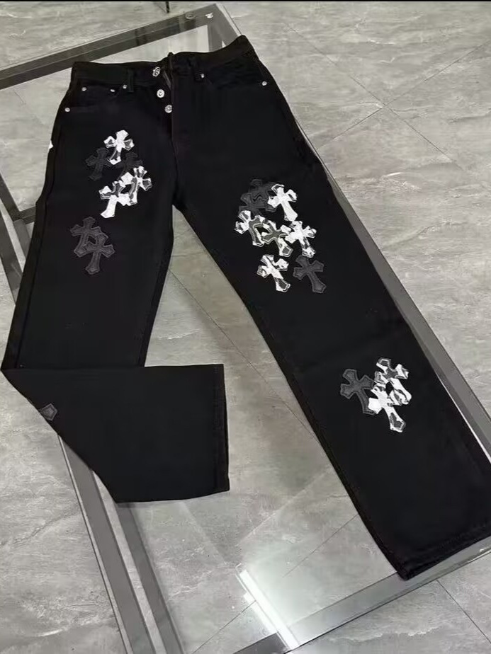 Men Black Washed Straight Leg Denim Pants Multi Group Two Tone Leather Cross Patches Sturdy Sewn Appliques Loose Relaxed Cut Heavy Wash Fabric Stree