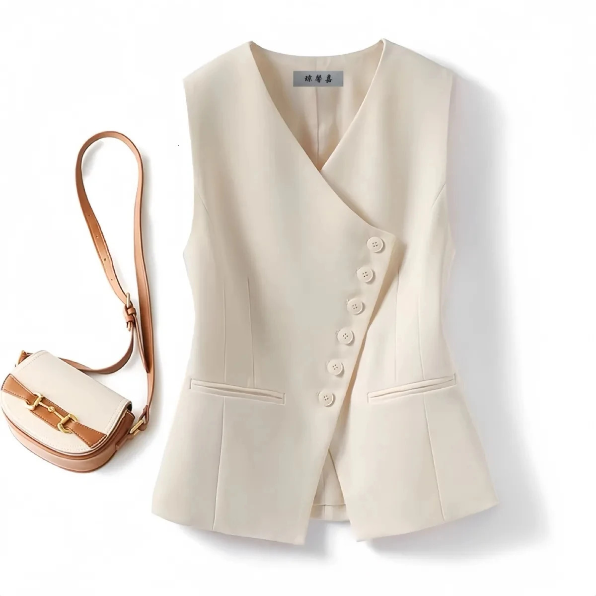 Spring Autumn V-neck Sleeveless Advanced Ladies Blazer Vest Coat Single Breasted Short Womens Suit Waistcoat Jacket 260728
