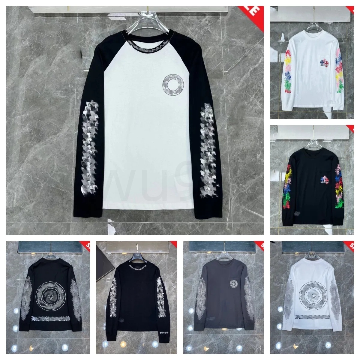 fashion men t shirt tshirt mens Hip hop loose long sleeves tees classic printed pattern designer mens black white chrome shirts 2026 new men streetw