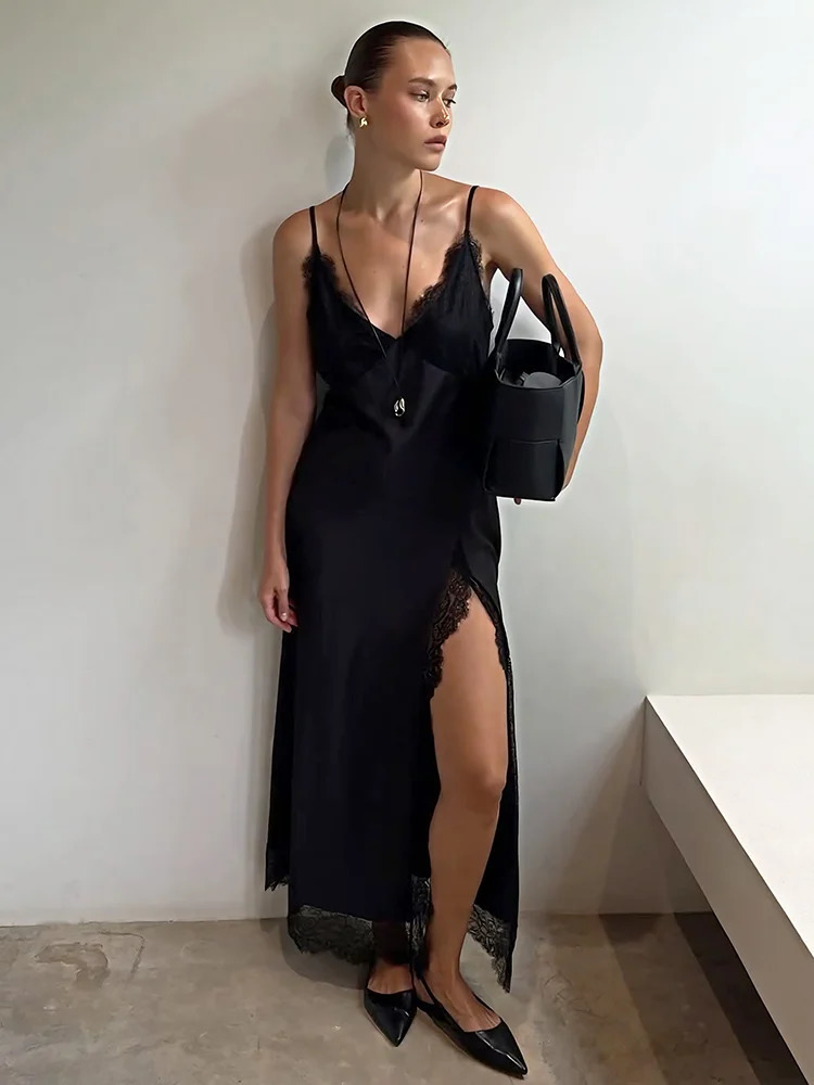 Tossy Black Lace Printed Long Dress For Women V-Neck Backless Slim Patchwork Spaghetti Party Dress Female Summer Bodycon Dress 260728
