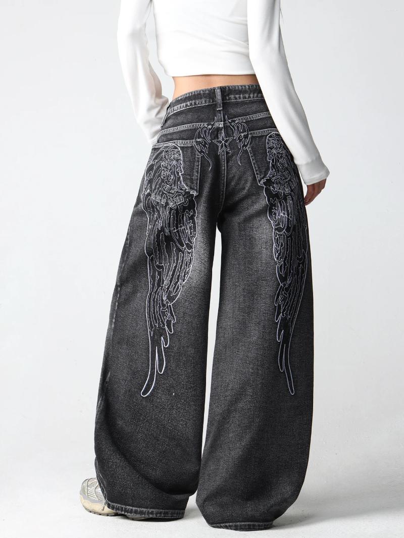 Jeans da donna 1 pezzo American Retro Creative Wing ricamato a vita alta pantaloni dimagranti a gamba larga alla moda e versatili cf