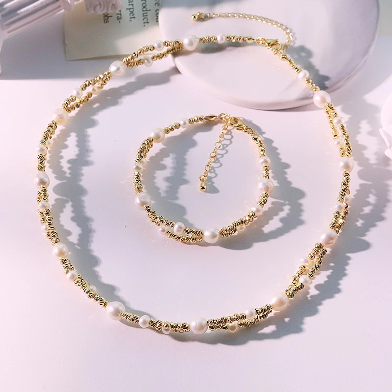 White Natural Freshwater Pearl Copper Beads Necklace Bracelet Set Gold Color Handmade n Jewelry Set Women Gifts GS0235 260729BJ