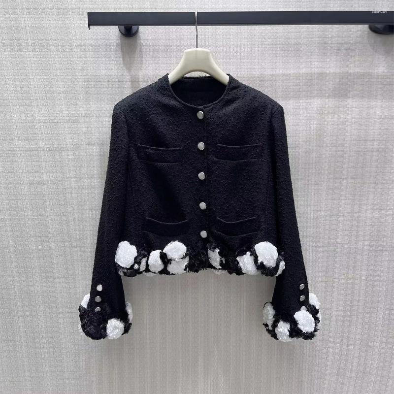 Women's Wool 2026 Fashion Fall Winter Black And White Contrasting Plush Flower Tweed Coat Women O neck Single Breasted Silk Liner Jacket de