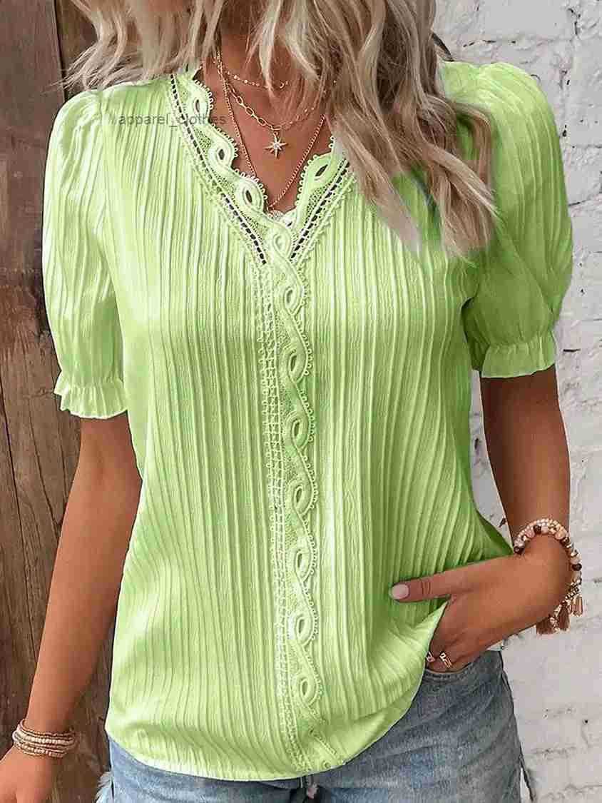 Elegant Women Blouse Shirt V Neck Lace Patchwork Short Sleeve Shirts For Summer Lady Tops 260602