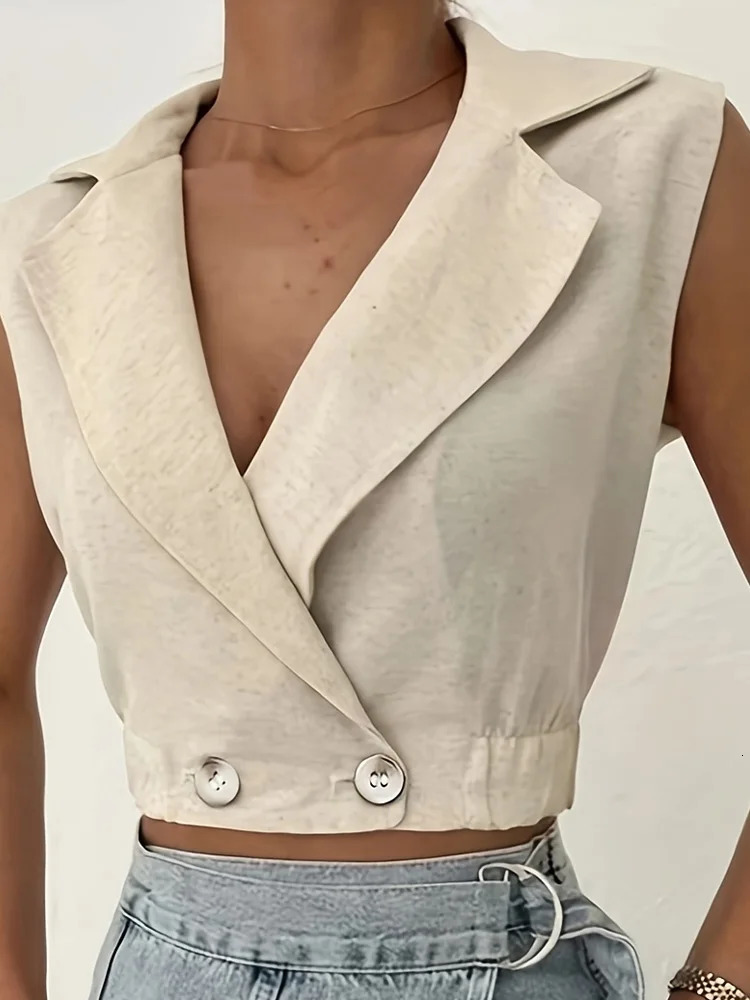 Fashionable womens beige deep V-neck sleeveless blazer vest short double-breasted slim-fit fabric elegant casual office top 260728