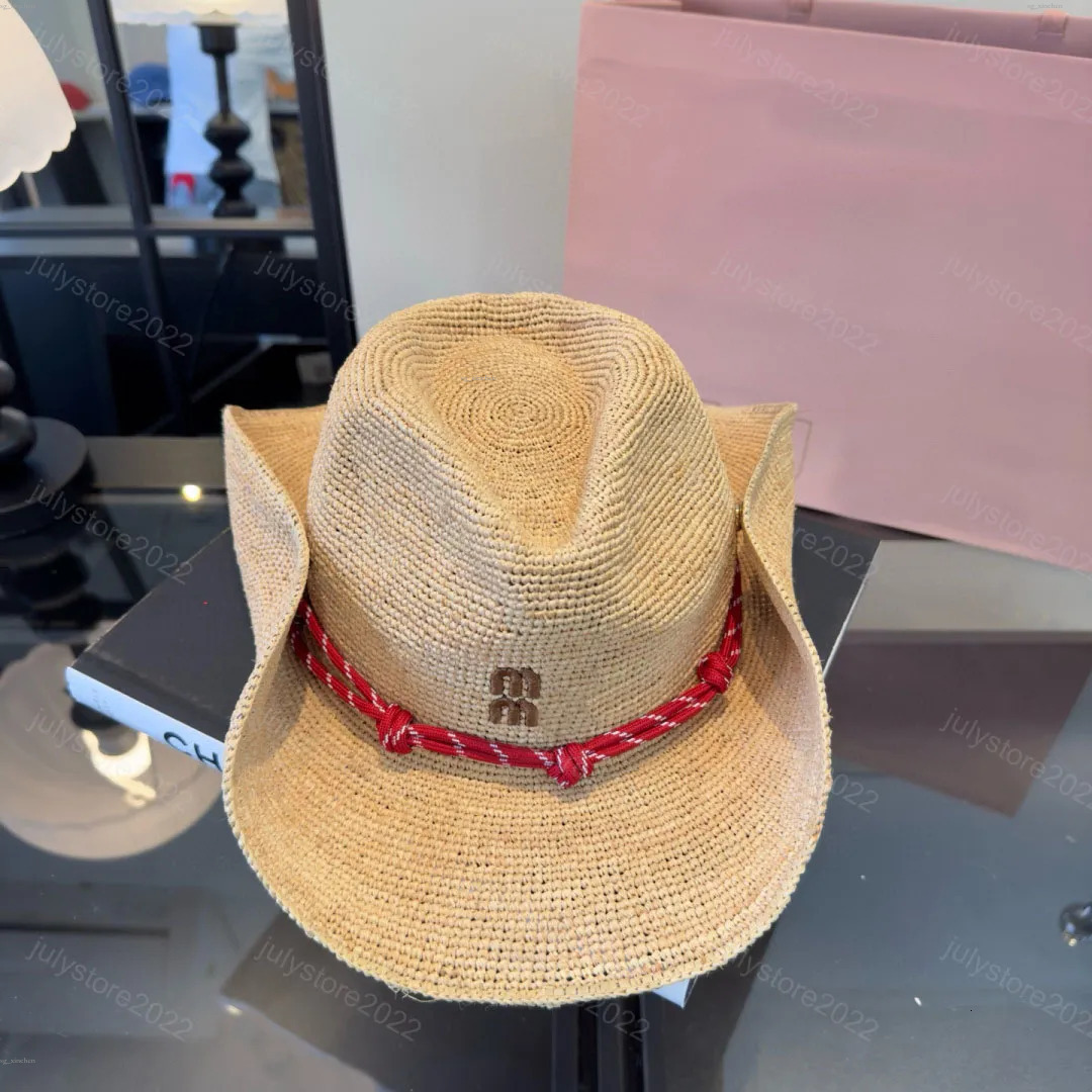 Drill Bucket Designer Raffia Hats for Women Beach Hat Summer Cowboy Caps Straw Visor Cap with Red Rope Trendy Sunshade Dome Brief Visors Casquette P